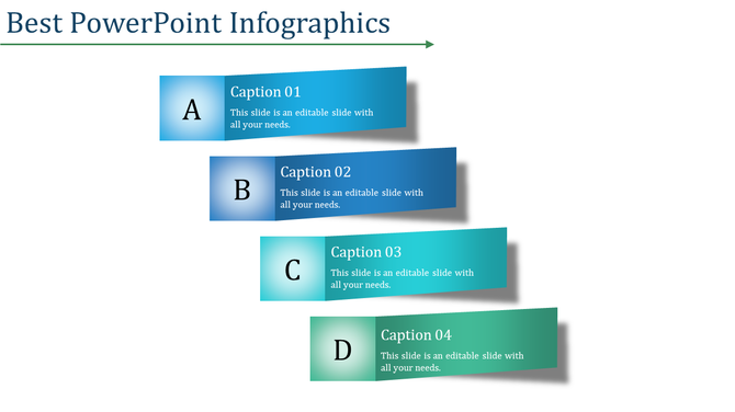 Infographic with a staggered layout of blue gradient rectangles labeled A to D, each containing captions.