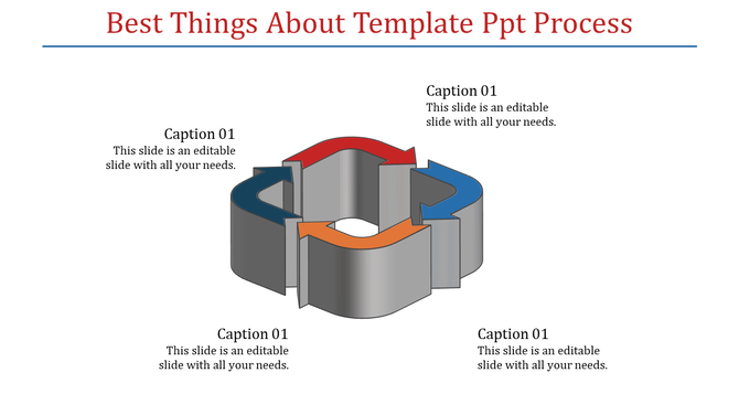 A circular diagram with arrows in blue, red, and orange representing a process flow in a PowerPoint template.