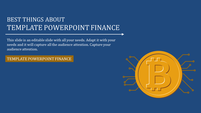 Dark blue finance slide with a Bitcoin emblem and circuit-inspired design elements with placeholder text areas.