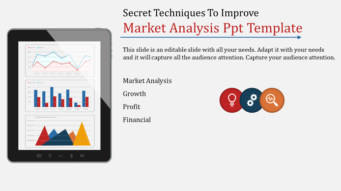 Tablet sisplaying line, bar, and area chart and text on market analysis, with icons in red, blue, and orange.