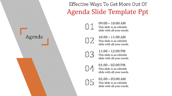 Agenda PPT slide with time based sections from morning to evening with placeholder text.