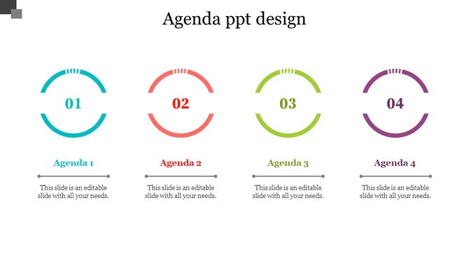 Agenda infographic featuring numbered circles in teal, red, green, and purple, each connected to descriptive captions.