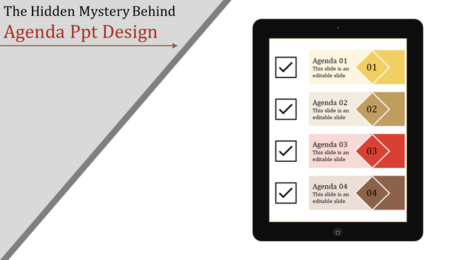 Agenda slide with four colored rows, each containing a checkbox, a step title, and a diamond marker, displayed on a tablet.