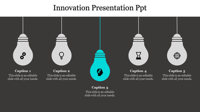 Innovation themed slide featuring five lightbulbs, each with an icon, with the central lightbulb illuminated in blue.