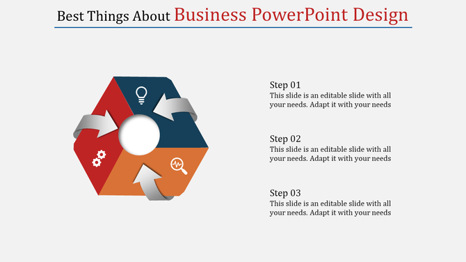 Business PowerPoint slide with a process diagram showing three colored steps in a cycle with placeholder text.