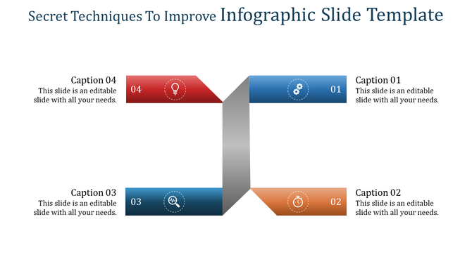 Infographic slide with colorful arrows and numbered steps, featuring icons for ideas, analysis, and process with icons.
