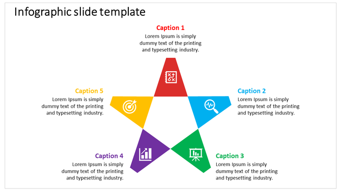 Infographic design with a central star divided into five parts, each containing an icon and caption in distinct colors.