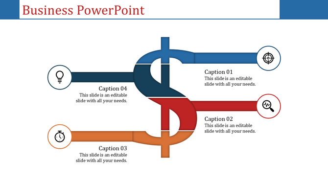 Business PowerPoint slide with colorful interconnected arrows and icons representing ideas, research, time, and focus.