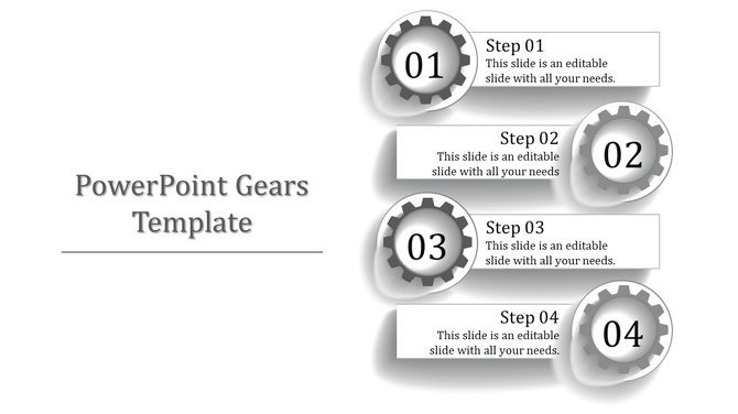 Slide featuring four gray gears numbered 01 to 04, each paired with a description box on a white background.