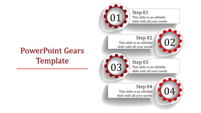 Slide featuring four red gears numbered 01 to 04, each paired with a description box on a white background.
