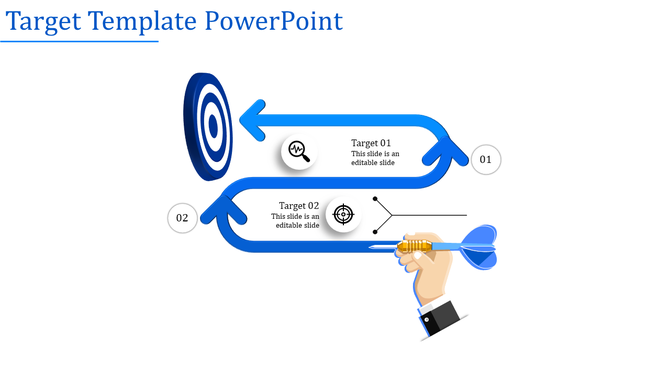 Blue-themed target slide with arrows pointing to captions and a dart held by a hand aiming at a dartboard.