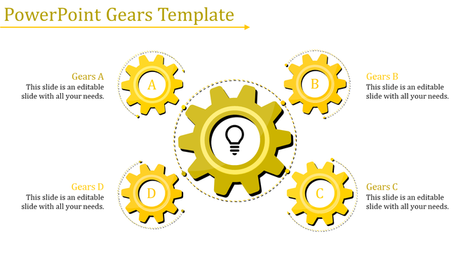 PowerPoint template featuring four yellow gears labeled A, B, C, D, with a central gear containing a lightbulb.
