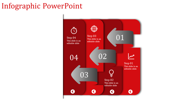 Infographic PPT slide in red with four steps, each featuring an icon and an arrow pointing to the next.