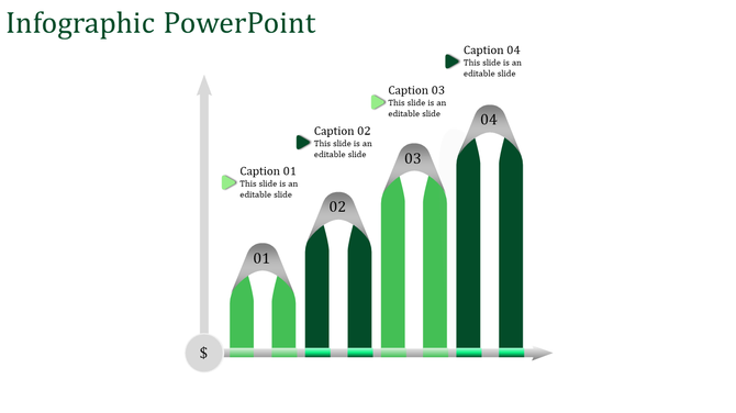 Infographic showing growth stages using four green gradient bars, each labeled with captions and a dollar symbol.