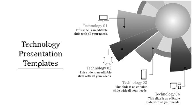 Technology presentation template featuring four sections with icons such as a laptop, projector, smartphone, and computer.