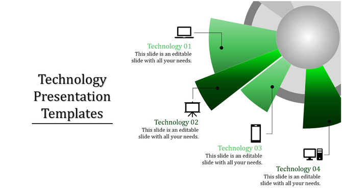 Technology infographic featuring a four green shades linked to icons such as a monitor, smartphone, and desktop.