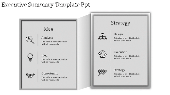 Two panel executive summary slide with gray sections for idea and strategy, each with icons and descriptive text.
