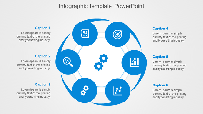 Infographic with a circular flow of six colored blue sections, featuring business icons, captions, and gears in the center.