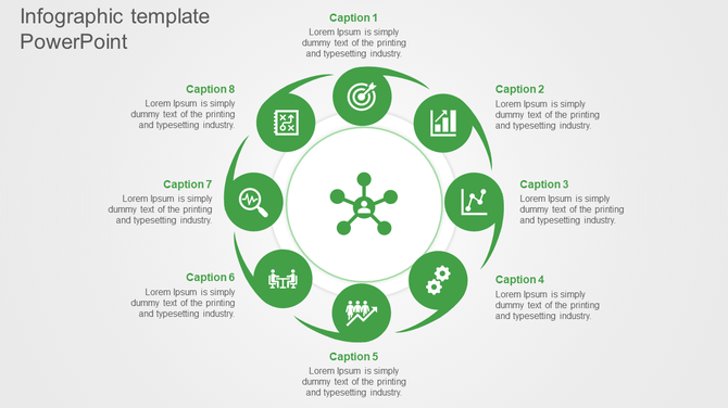 Infographic design featuring a central hub connected to eight green segments with icons and descriptive captions.