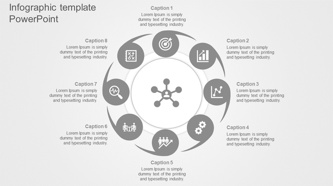Infographic wheel with eight evenly spaced icons, including graphs, teamwork, and strategy, encircling a central node.