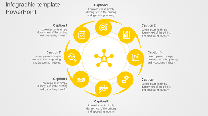 Yellow infographic template with eight circular segments around a central hub, each labeled with icons and captions.