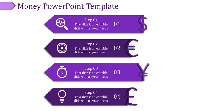 Four-step money-themed slide in purple tones, each segment featuring a white icon and a currency symbol.