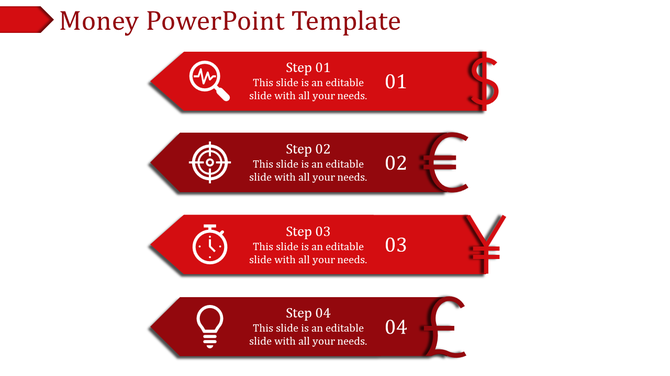 Red themed template with four rows showing steps, icons, and corresponding currency signs on a white background.