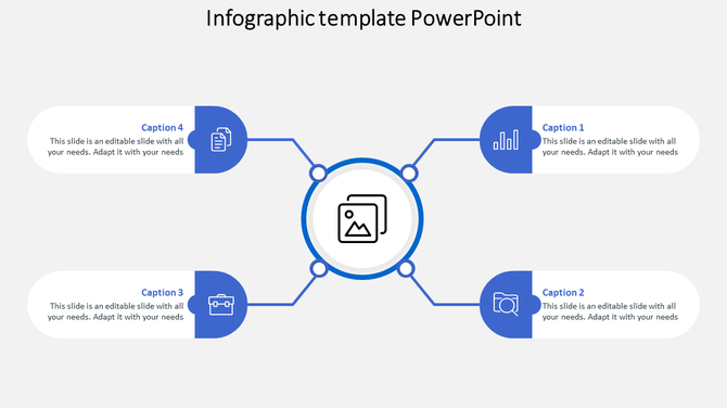 Infographic layout featuring a central icon and four horizontally aligned steps with blue circular accents.