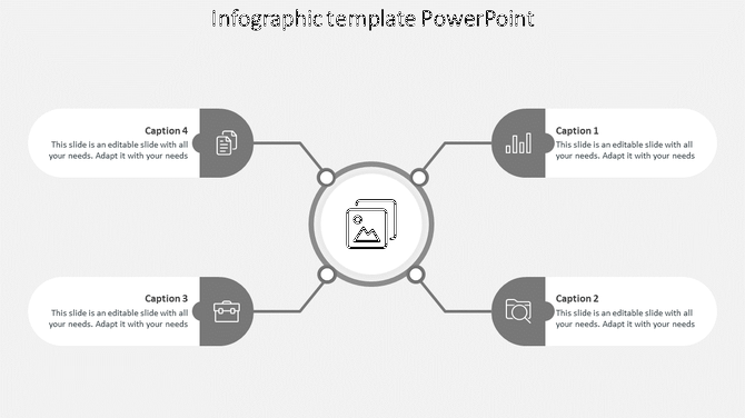 Gray themed infographic template with a central icon connected to four sections featuring captions and text.