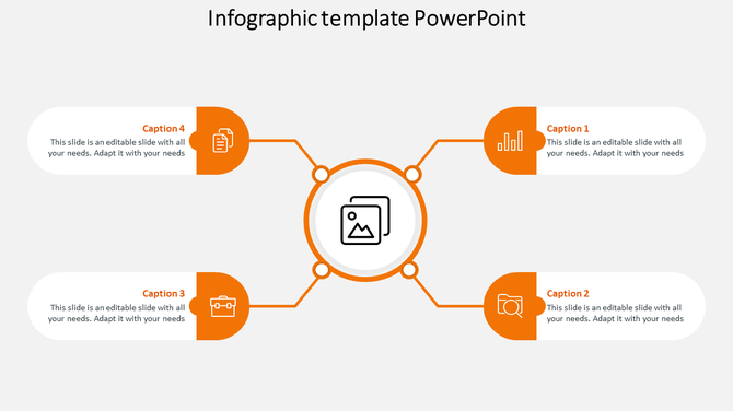 Circular orange infographic with four connected segments displaying captions and icons on a light background.