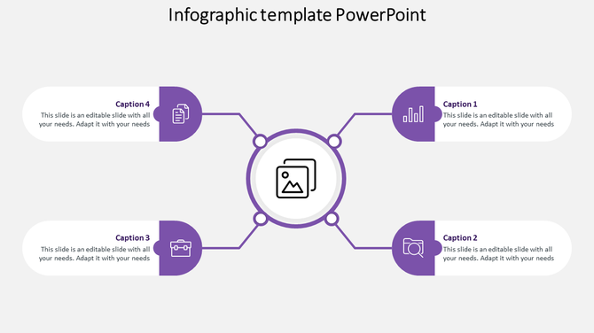 Purple themed infographic PowerPoint template with a central icon connected to four labeled sections.