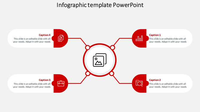 Four red-labeled sections radiate from a central image icon in a circle, forming a clean, stepwise infographic layout.