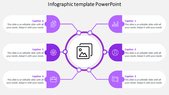 Circular infographic template with six sections connected to a central icon, each with captions and related symbols.