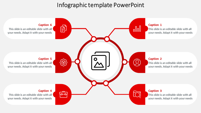 Infographic layout with six red circular shapes around a central image icon, connected by lines on a light background.