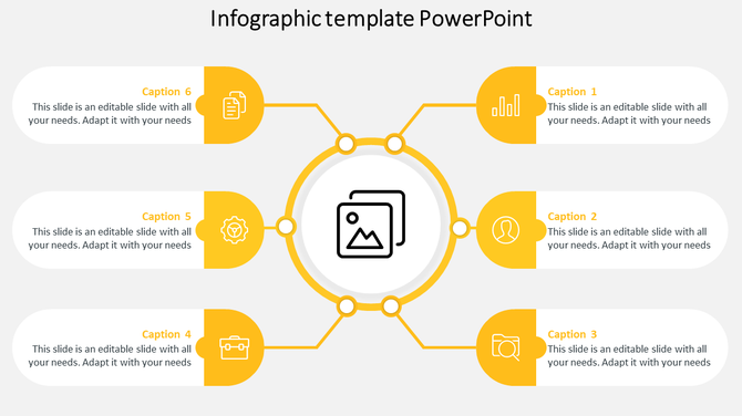 Circular infographic template with six yellow sections linked to a central placeholder icon, each with captions and icons.