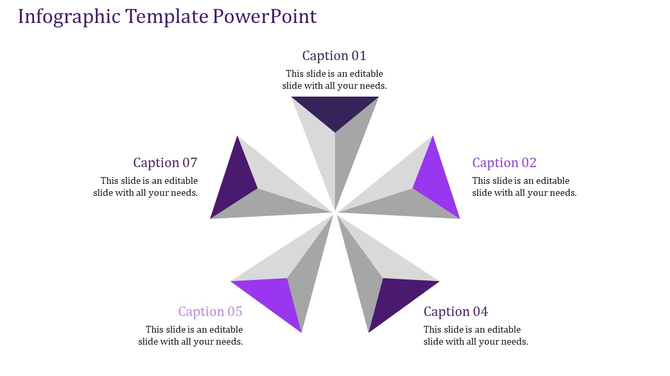 Modern infographic with six pyramid like triangular shapes in a radial layout, alternating gray and purple. 
