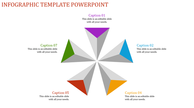 Infographic slide displaying a six part pinwheel style diagram with colored highlights and caption areas.