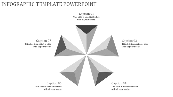 Black and white infographic slide displaying a six part pinwheel style diagram with shaded highlights and caption areas.