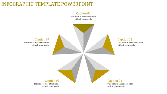 Infographic PowerPoint template with seven triangular sections in gray and gold, each marked with a caption.