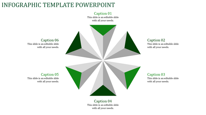 Modern infographic with six pyramid triangular shapes in a radial layout, alternating green and gray, with captions areas.