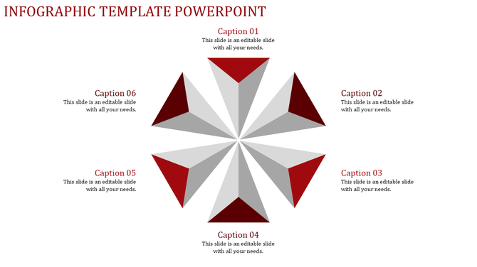 Geometric infographic with six 3D triangular shapes in red and gray, arranged in a radial pattern with caption areas.