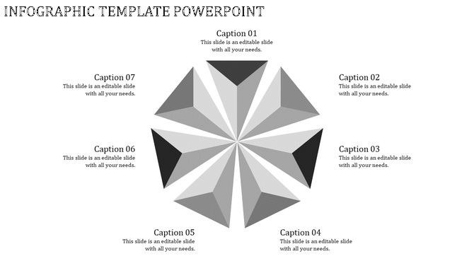 Black and gray pointed infographic design with seven labeled captions placed evenly around the central shape.