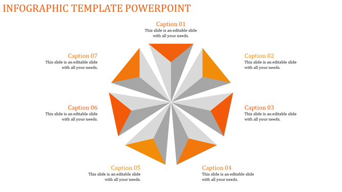 Infographic template with a central star like geometric shape in orange and gray, surrounded by seven captions.
