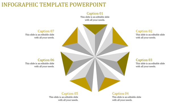 Modern infographic with eight pyramid like triangular shapes in a radial layout, alternating yellow and gray, with captions.