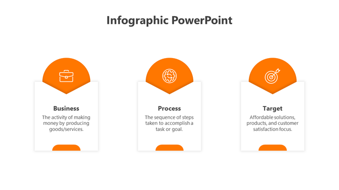 Infographic showing three orange semicircle icons at the top of white text boxes for business related themes.