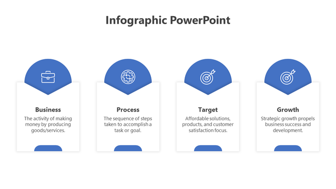 Blue themed infographic with four rounded segments, icons at the top, and text explanations below.
