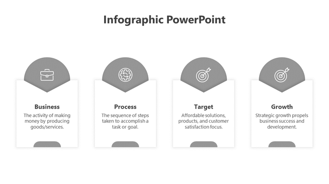 Infographic PowerPoint template with gray icons representing business, process, target, and growth.