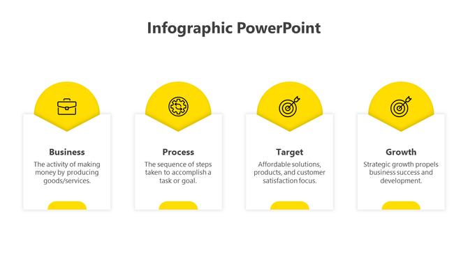 Infographic PowerPoint template with yellow icons for business, process, target, and growth with placeholder text.
