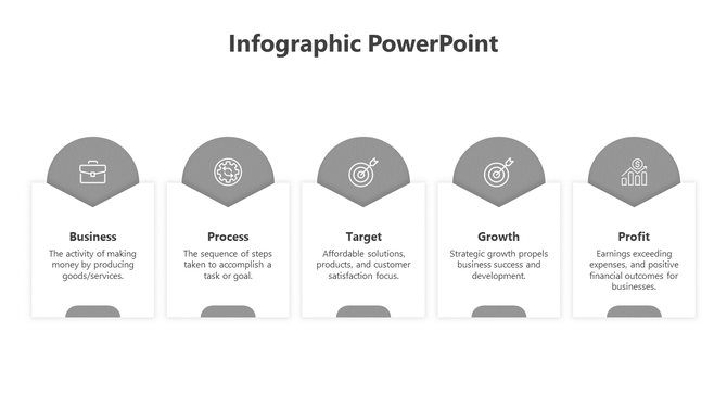 Infographic PowerPoint template with icons representing business, process, target, growth, and profit.