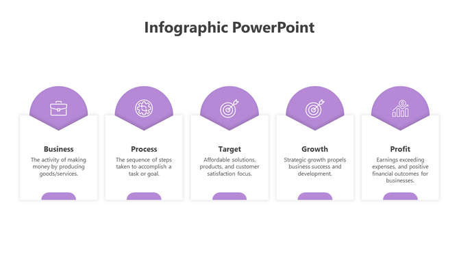 Infographic layout featuring five purple icons and white text boxes for business related topics